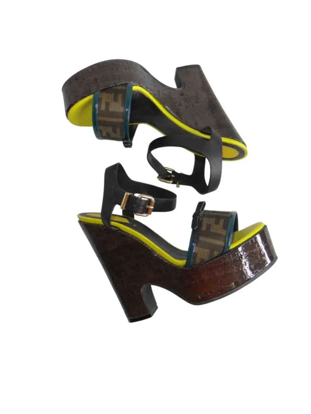 Fendi Roma Zucca Monogram Platform Sandals‎ Cork Heel Yellow Black 38.5